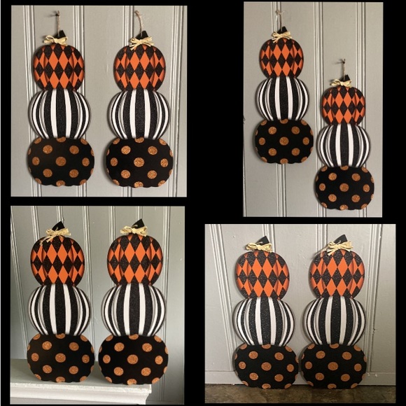 NWT 2- Beautiful Glittered Triple Stacked Wooden Pumpkin Decoration Signs - Picture 1 of 17